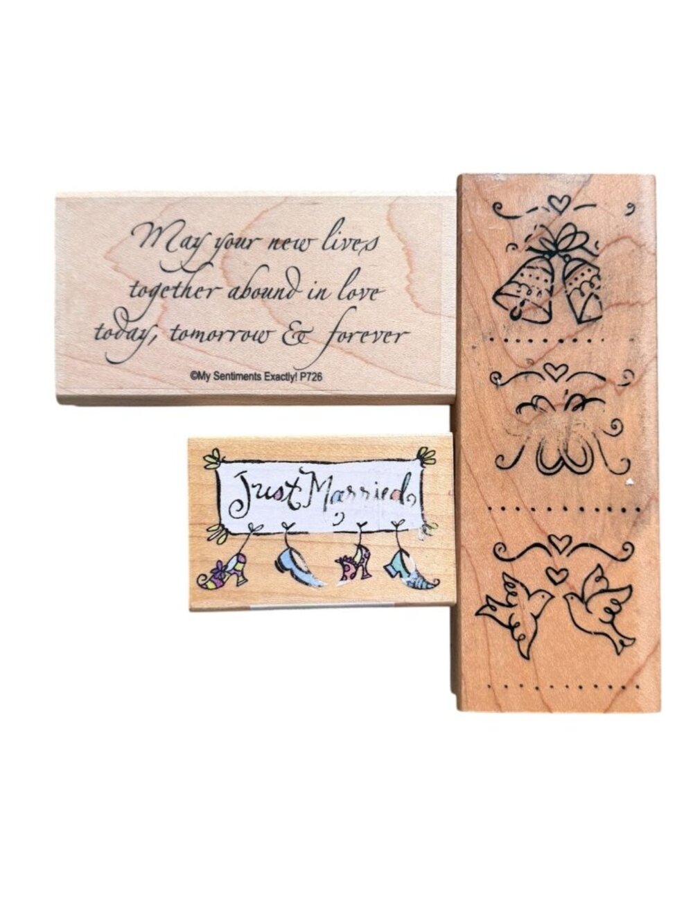 3pc Wedding Craft Rubber Stamp Destash - Wood Mounted Bells Doves Just Married